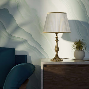 Brass table lamp with fan-shaped base and pleated fabric shade with decorative trim from Petalo collection by Ghidini 1849 - Finish: OBS Bronze Satin Brass