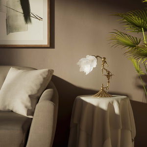 Art Nouveau table lamp with dancing brass putto, petal-shaped frosted glass shade, fan-decorated base by Ghidini 1849 - Finish: OBS Bronze Satin Brass