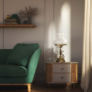 Victorian style table lamp with decorative scrolls, turned wooden column and white glass dome shade from the Mississippi collection by Ghidini 1849 - Finish: OBS Bronze Satin Brass