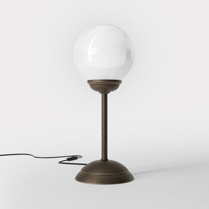 Art Deco table lamp with high stem circular base and glossy white glass globe classic Italian design - Finish: OBM Bronze Satin Matt Brass