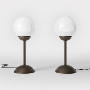 Art Deco table lamp with high stem circular base and glossy white glass globe classic Italian design - Finish: OBM Bronze Satin Matt Brass