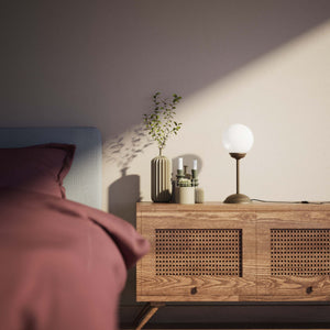 Art Deco table lamp with high stem circular base and glossy white glass globe classic Italian design - Finish: OBM Bronze Satin Matt Brass