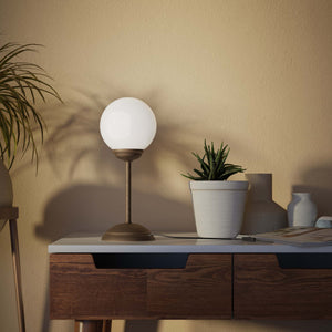 Art Deco table lamp with high stem circular base and glossy white glass globe classic Italian design - Finish: OBM Bronze Satin Matt Brass
