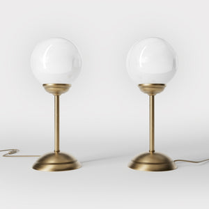 Art Deco table lamp with high stem circular base and glossy white glass globe classic Italian design - Finish: OBS Bronze Satin Brass