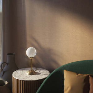 Art Deco table lamp with high stem circular base and glossy white glass globe classic Italian design - Finish: OBS Bronze Satin Brass