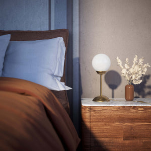 Art Deco table lamp with high stem circular base and glossy white glass globe classic Italian design - Finish: OBS Bronze Satin Brass