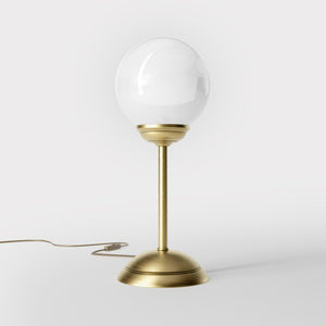 Art Deco table lamp with high stem circular base and glossy white glass globe classic Italian design - Finish: OBV Bronze Satin Light Brass