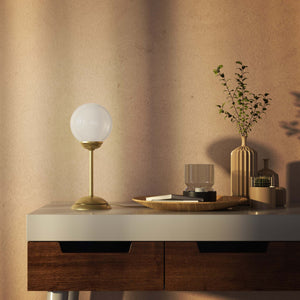 Art Deco table lamp with high stem circular base and glossy white glass globe classic Italian design - Finish: OBV Bronze Satin Light Brass