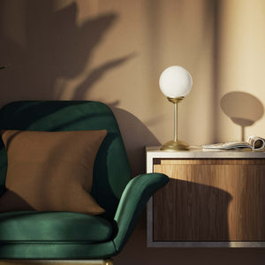 Art Deco table lamp with high stem circular base and glossy white glass globe classic Italian design - Finish: OBV Bronze Satin Light Brass