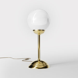 Art Deco table lamp with high stem circular base and glossy white glass globe classic Italian design - Finish: OLV Polished Brass