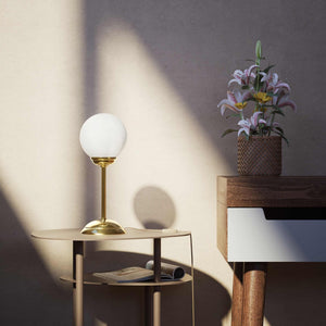 Art Deco table lamp with high stem circular base and glossy white glass globe classic Italian design - Finish: OLV Polished Brass
