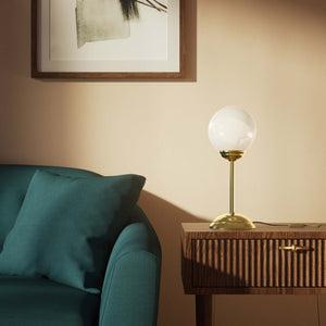 Art Deco table lamp with high stem circular base and glossy white glass globe classic Italian design - Finish: OLV Polished Brass
