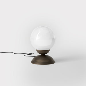 1930s style table lamp with glossy white glass globe and domed brass base Italian retro design - Finish: OBM Bronze Satin Matt Brass