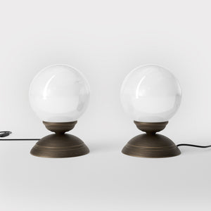 1930s style table lamp with glossy white glass globe and domed brass base Italian retro design - Finish: OBM Bronze Satin Matt Brass