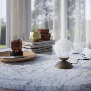 1930s style table lamp with glossy white glass globe and domed brass base Italian retro design - Finish: OBM Bronze Satin Matt Brass