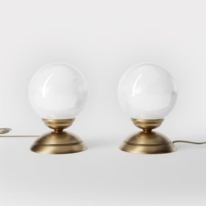 1930s style table lamp with glossy white glass globe and domed brass base Italian retro design - Finish: OBS Bronze Satin Brass