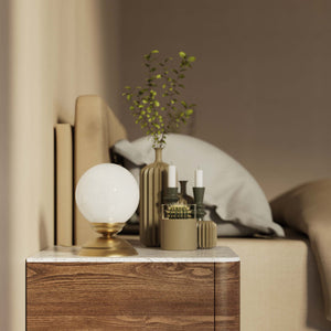 1930s style table lamp with glossy white glass globe and domed brass base Italian retro design - Finish: OBS Bronze Satin Brass