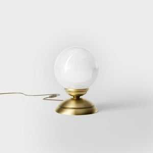 1930s style table lamp with glossy white glass globe and domed brass base Italian retro design - Finish: OBV Bronze Satin Light Brass