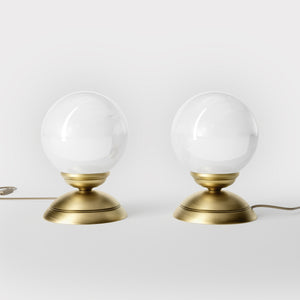 1930s style table lamp with glossy white glass globe and domed brass base Italian retro design - Finish: OBV Bronze Satin Light Brass