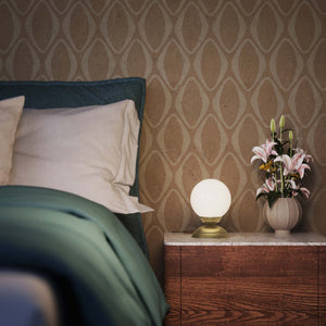 1930s style table lamp with glossy white glass globe and domed brass base Italian retro design - Finish: OBV Bronze Satin Light Brass