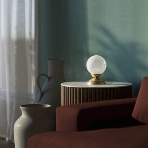 1930s style table lamp with glossy white glass globe and domed brass base Italian retro design - Finish: OBV Bronze Satin Light Brass