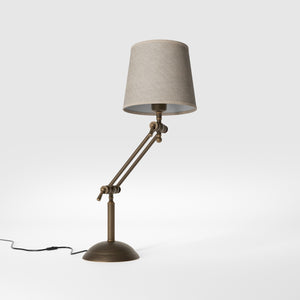 Classic brass table lamp with fluted stem adjustable double joint and grey linen-effect fabric shade Made in Italy by Ghidini 1849 - Finish: OBM Bronze Satin Matt Brass
