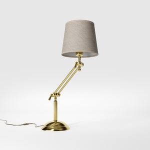 Classic brass table lamp with fluted stem adjustable double joint and grey linen-effect fabric shade Made in Italy by Ghidini 1849 - Finish: OLV Polished Brass