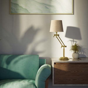 Classic brass table lamp with fluted stem adjustable double joint and grey linen-effect fabric shade Made in Italy by Ghidini 1849 - Finish: OLV Polished Brass