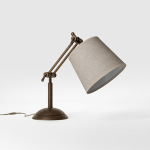 Brass table lamp with linen-effect fabric shade adjustable jointed structure decorated base Made in Italy by Ghidini 1849 - Finish: OAS Antique Brass