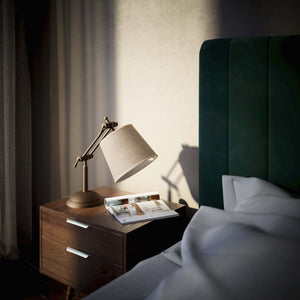 Brass table lamp with linen-effect fabric shade adjustable jointed structure decorated base Made in Italy by Ghidini 1849 - Finish: OBM Bronze Satin Matt Brass