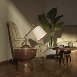 Brass table lamp with linen-effect fabric shade adjustable jointed structure decorated base Made in Italy by Ghidini 1849 - Finish: OBM Bronze Satin Matt Brass