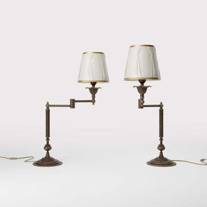 Classic brass table lamp with adjustable arm and ivory fabric shade, gold decorative trim, turned base London - Finish: OAS Antique Brass