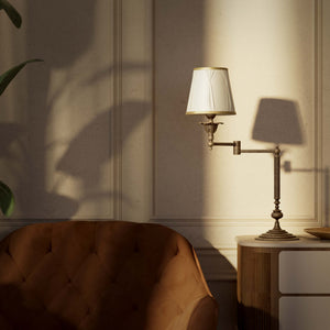 Classic brass table lamp with adjustable arm and ivory fabric shade, gold decorative trim, turned base London - Finish: OAS Antique Brass