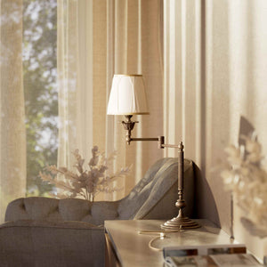Classic brass table lamp with adjustable arm and ivory fabric shade, gold decorative trim, turned base London - Finish: OAS Antique Brass