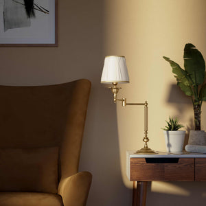 Classic brass table lamp with adjustable arm and ivory fabric shade, gold decorative trim, turned base London - Finish: OBS Bronze Satin Brass