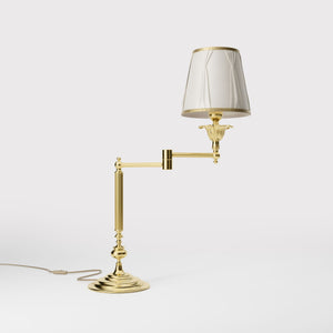 Classic brass table lamp with adjustable arm and ivory fabric shade, gold decorative trim, turned base London - Finish: OLV Polished Brass