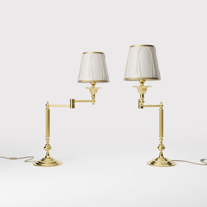 Classic brass table lamp with adjustable arm and ivory fabric shade, gold decorative trim, turned base London - Finish: OLV Polished Brass