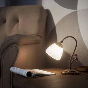 Art Nouveau brass table lamp with a spotted white glass shade and adjustable joint, ideal for elegant spaces by Ghidini 1849 - Finish: OAS Antique Brass