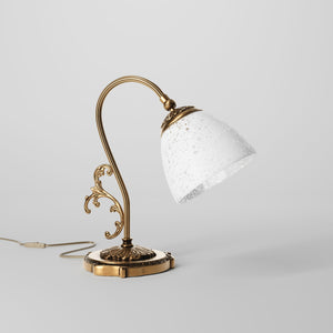 Art Nouveau brass table lamp with a spotted white glass shade and adjustable joint, ideal for elegant spaces by Ghidini 1849 - Finish: OBS Bronze Satin Brass