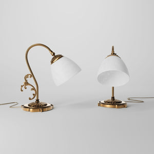 Art Nouveau brass table lamp with a spotted white glass shade and adjustable joint, ideal for elegant spaces by Ghidini 1849 - Finish: OBS Bronze Satin Brass