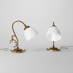 Art Nouveau brass table lamp with a spotted white glass shade and adjustable joint, ideal for elegant spaces by Ghidini 1849 - Finish: OBS Bronze Satin Brass