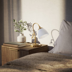 Art Nouveau brass table lamp with a spotted white glass shade and adjustable joint, ideal for elegant spaces by Ghidini 1849 - Finish: OBS Bronze Satin Brass