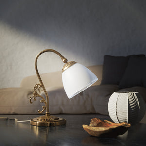 Art Nouveau brass table lamp with a spotted white glass shade and adjustable joint, ideal for elegant spaces by Ghidini 1849 - Finish: OBS Bronze Satin Brass