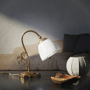 Art Nouveau brass table lamp with a spotted white glass shade and adjustable joint, ideal for elegant spaces by Ghidini 1849 - Finish: OBS Bronze Satin Brass