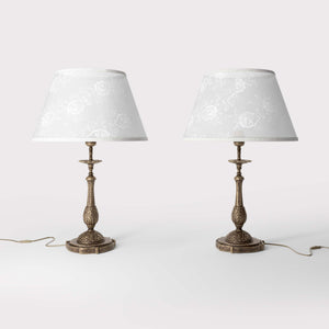 Baroque brass table lamp with decorated white shade ornamental base floral details classic style - Finish: OAS Antique Brass