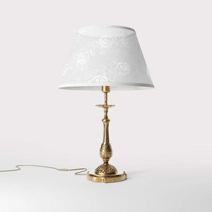 Baroque brass table lamp with decorated white shade ornamental base floral details classic style - Finish: OBS Bronze Satin Brass