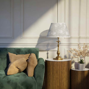 Baroque brass table lamp with decorated white shade ornamental base floral details classic style - Finish: OBS Bronze Satin Brass