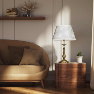 Baroque brass table lamp with decorated white shade ornamental base floral details classic style - Finish: OBS Bronze Satin Brass