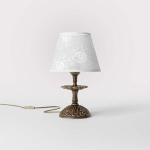Classic brass table lamp with embroidered white shade decorated base floral motifs traditional style - Finish: OAS Antique Brass