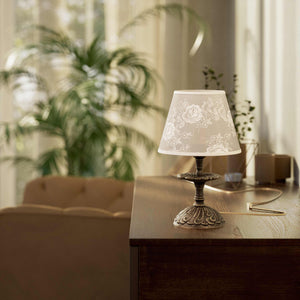 Classic brass table lamp with embroidered white shade decorated base floral motifs traditional style - Finish: OAS Antique Brass
